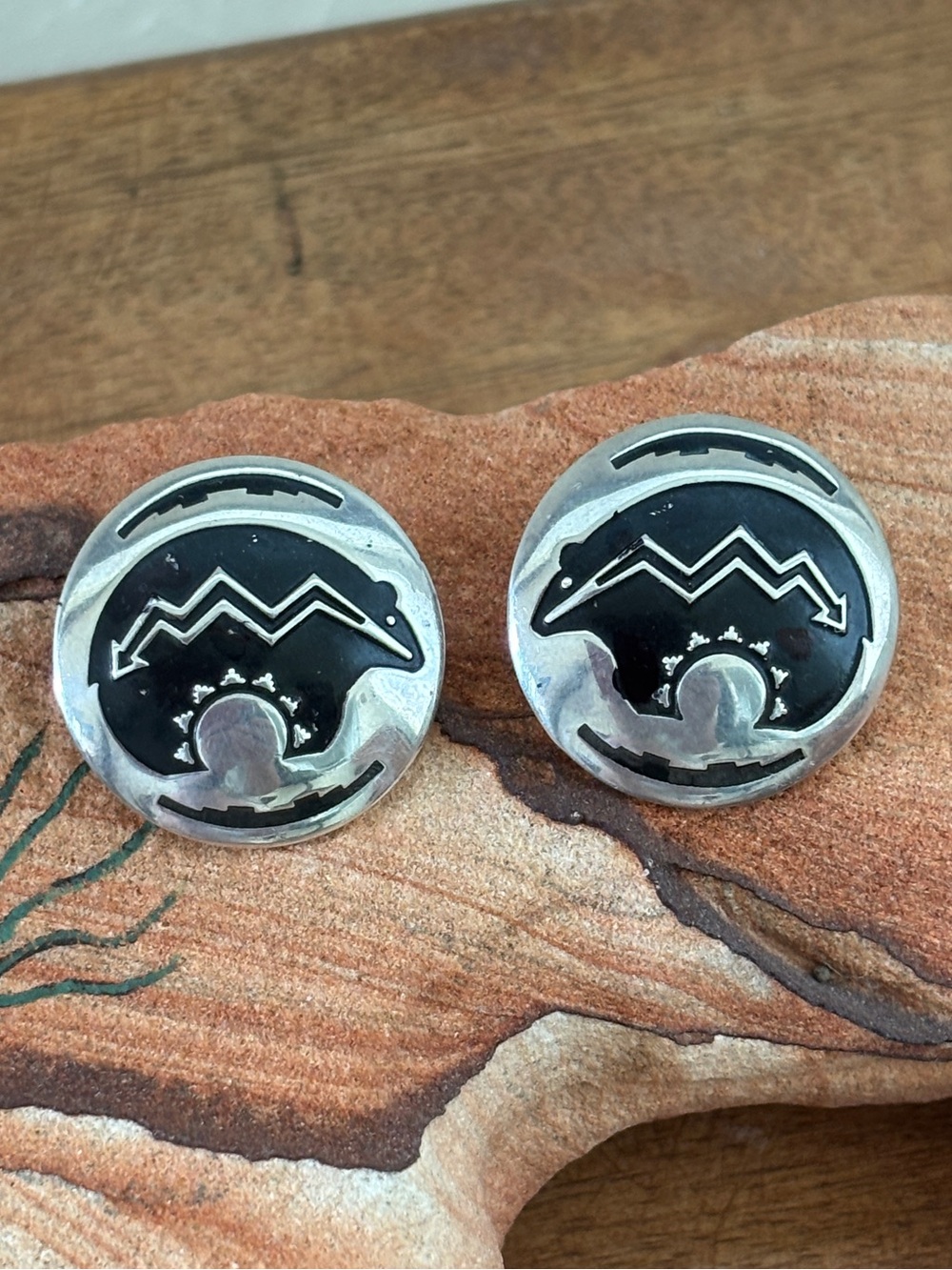 Vintage 925 Sterling Overlay Southwest Heart line Arrow Bear Fetish Earrings 1”